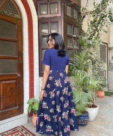 Border Printed Maxi Dress – Navy 2