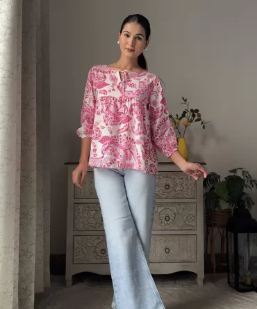 Pretty In Pleats Floral Top – Pink (Premium Fabric) 2