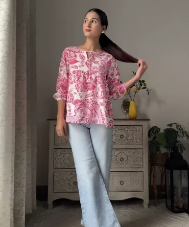 Pretty In Pleats Floral Top – Pink (Premium Fabric)