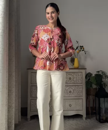 Patchwork Peplum Top (Premium Fabric) – Red 2