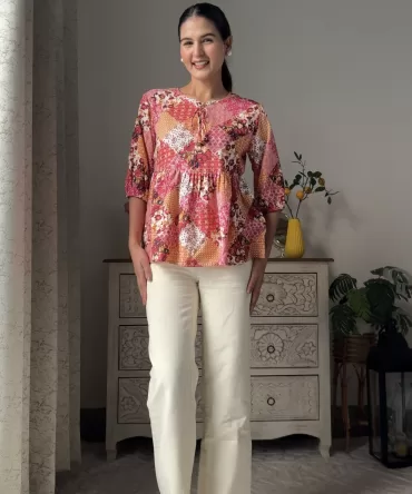 Patchwork Peplum Top (Premium Fabric) – Red