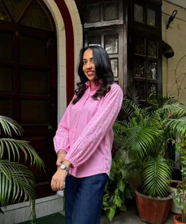 Schiffli Sleeves Shirt (Premium Fabric) – Pink 2