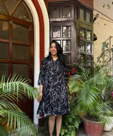 Abstract Printed Cotton Dress – Black