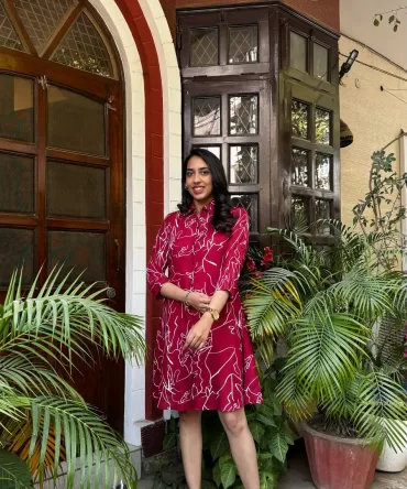 Abstract Printed Cotton Dress – Maroon 2
