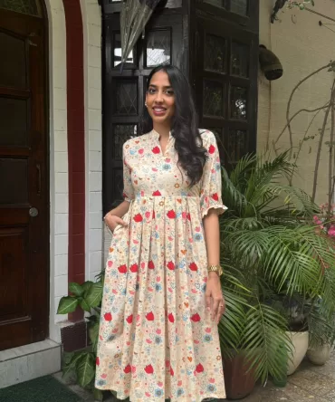 Floral Bloom Pleated Cotton Dress – Light Beige (Premium Collection) 2