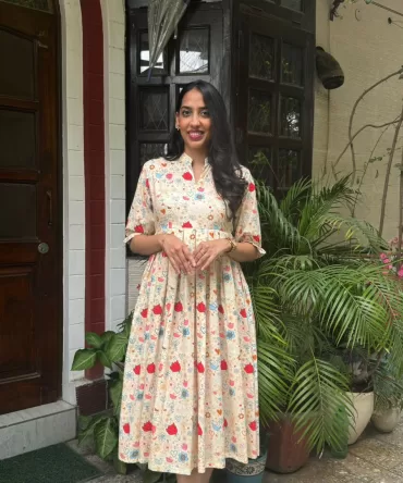 Floral Bloom Pleated Cotton Dress – Light Beige (Premium Collection)