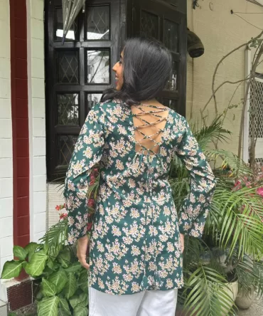 Criss-Cross Cotton Kurti – Green (Premium Fabric)