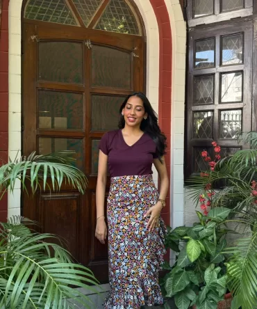 Floral Frill Wrap Skirt (Free Size) – Wine 2