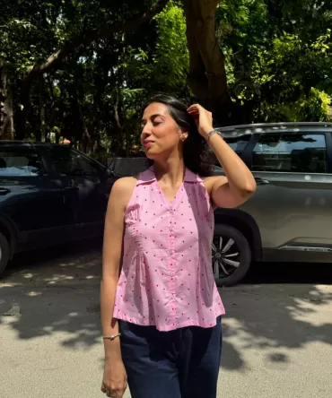 Wild Flower Cotton Shirt (Sleeveless) – Pink (Premium Collection)